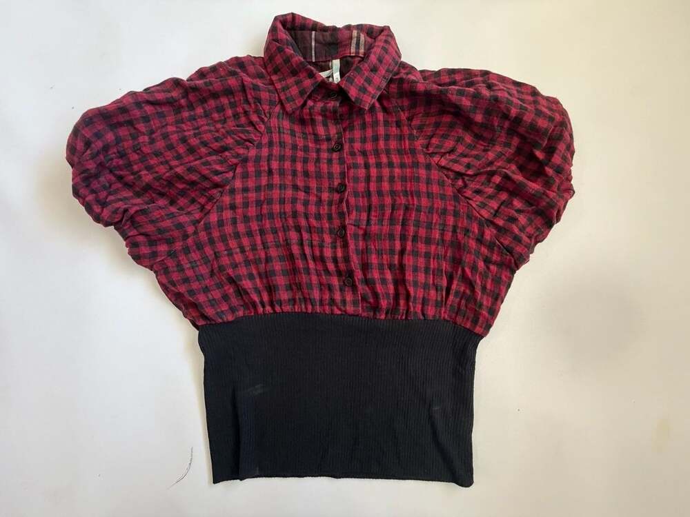 Womens Top RedBlack Gingham Plaid Balloon Sleeve Buttom Front Ribbed Tube Bottom